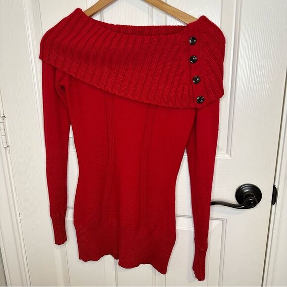 Y2K Cache Red Wool Blend Button Collar Cowl Neck Sweater Tunic XS Coquette Cozy - Picture 1 of 7